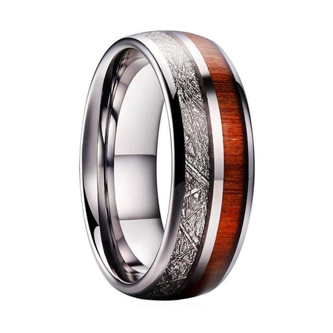 Natural Wood Meteorite Inlay Tungsten Carbide Wedding Ring