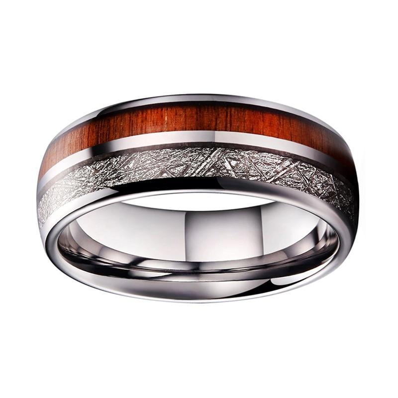 Tungsten Ring with Real Wood and Silver Meteorite Inlay