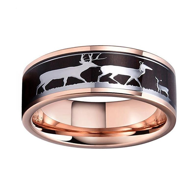 Dark Wood Inlay with Rein Deer Drawings on Rose Color Gold Coated Tungsten Carbide Ring