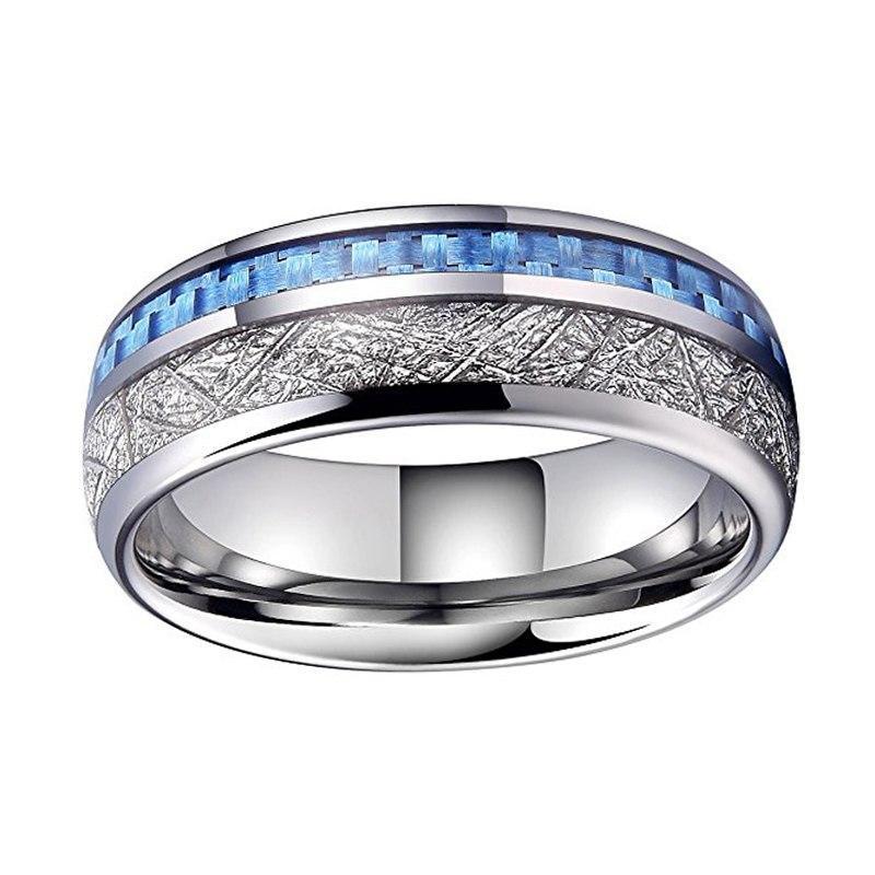 Tungsten Carbide Silver-plated Ring With Blue Carbon Fiber and Silver-plated Meteorite Inlay