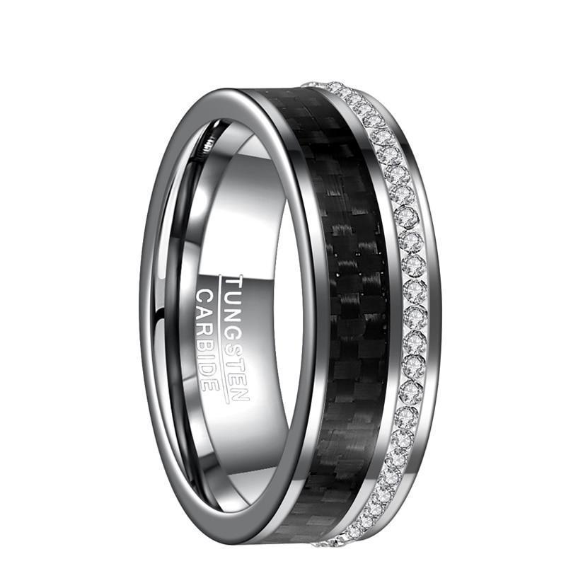 Silver Tungsten Metal with Black Carbon Fiber and Crystal Stones Wedding Rings