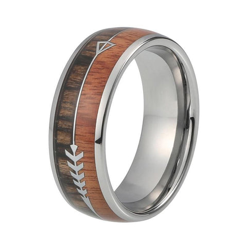 Zebra & Koa Wood Silver Arrow Tungsten Carbide Wedding Ring