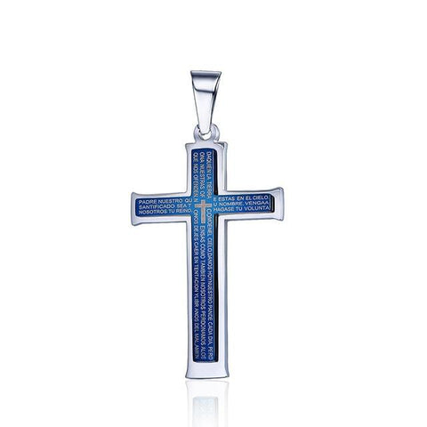 Blue Stainless Steel Latin Lord’s Prayer Cross Necklace