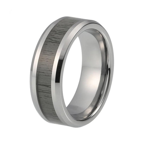 Grey Wood Inlay Beveled Tungsten Carbide Wedding Ring