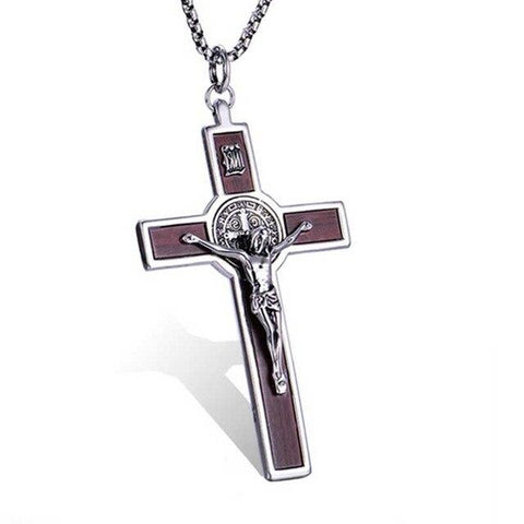 INRI Dark Wood Stainless Steel Crucifix Necklace