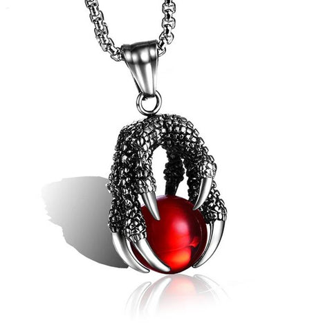 Silver Claw Red Dragon Ball Pendant Necklace