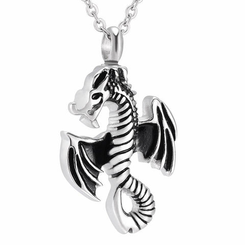Silver Stainless Steel Skeletal Dragon Pendant Necklace