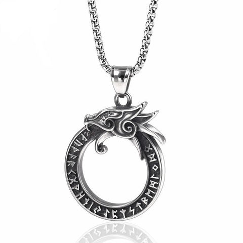 Ouroboros Stainless Steel Dragon Rune Pendant Necklace 