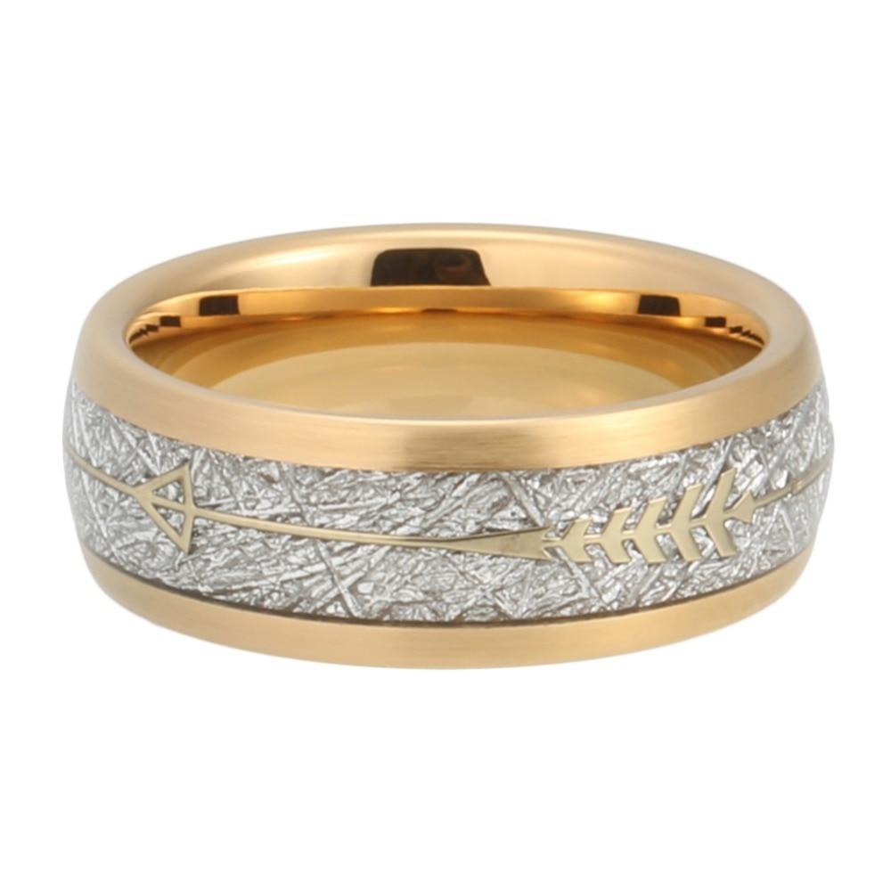 Gold Plated Bound Tungsten Carbide with Meteorite Inlay and Arrow Design Engraved Ring