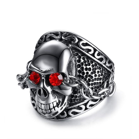 Stainless Steel Red Cubic Zirconia Chained Skull Ring