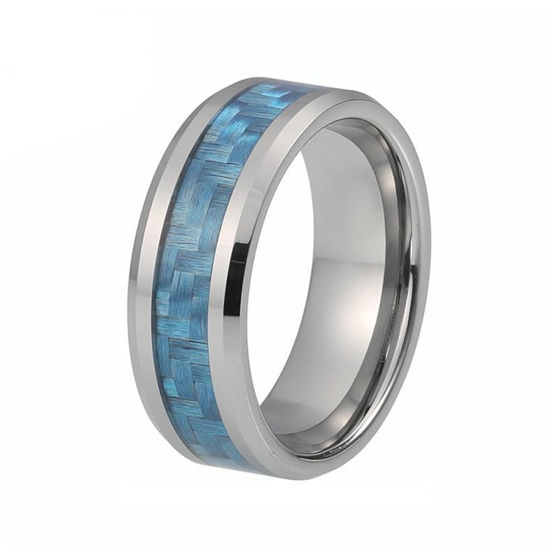 8mm Blue Water Color Carbon Fiber Inlay with Silver Polished Tungsten Carbide Metal