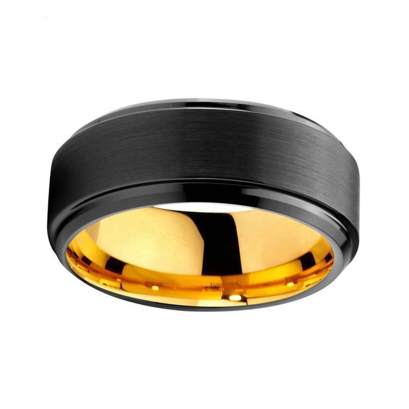 8mm Stepped Brushed Matte Black Tungsten Carbide with Black Edges and Yellow Gold Color Insert Ring