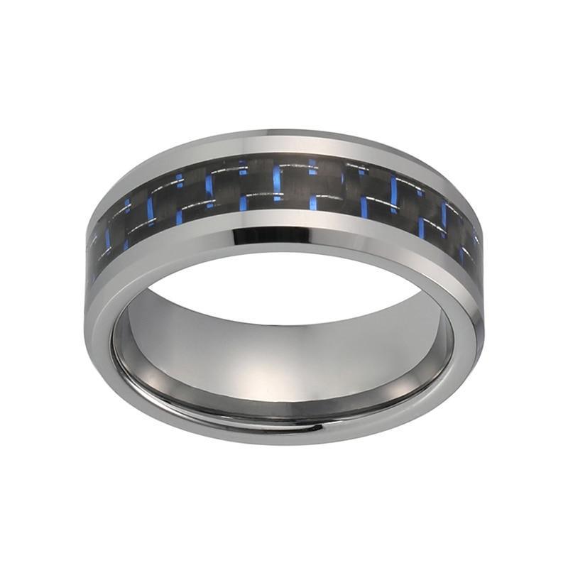 8mm Black and Blue Carbon Fiber Inlay with Silver Coated Tungsten Carbide Ring