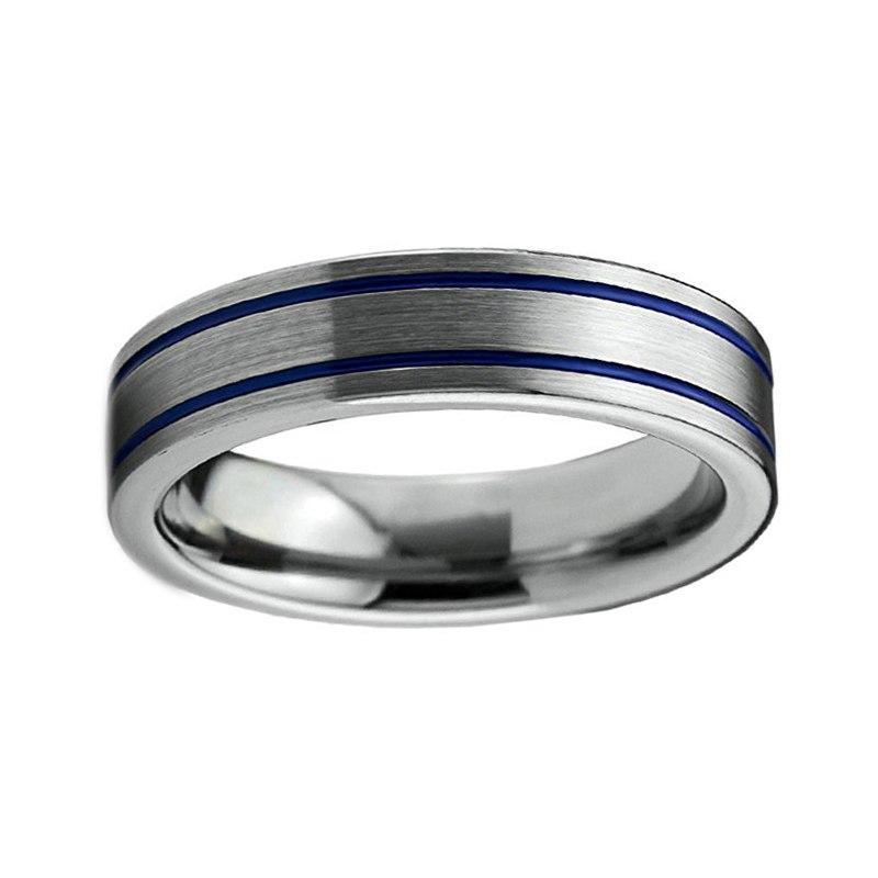 6mm Silver Coated Tungsten Metal with Double Blue Groove Wedding Ring