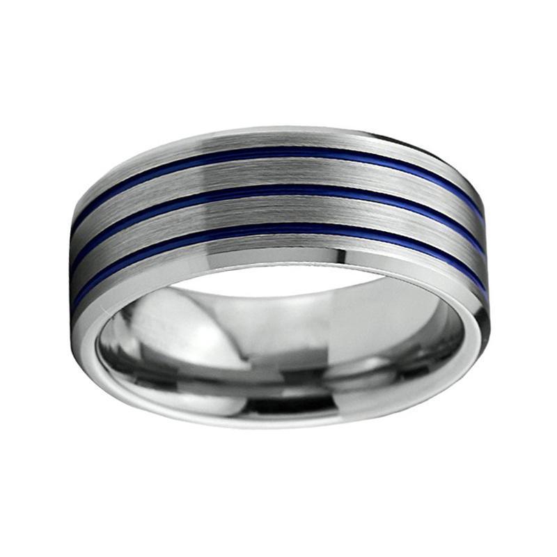 8mm Three Blue Groove with Silver Coated Tungsten Carbide Silver Ring