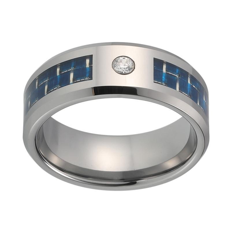 8mm Silver Coated Tungsten Carbide Ring with CZ Stone and Blue Block Pattern Inlay Wedding Band