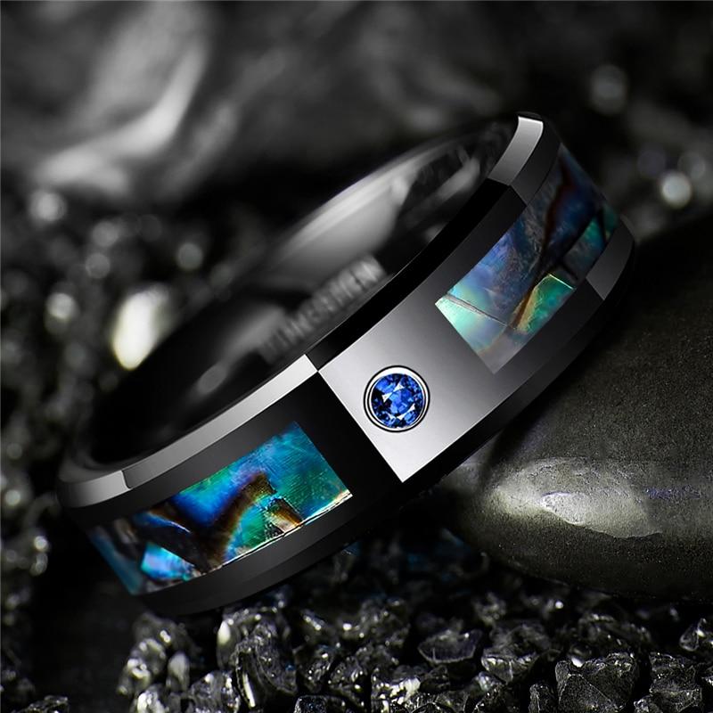 Natural Abalone Shell Tungsten Steel with Electroplated Black Cubic Zirconia Ring