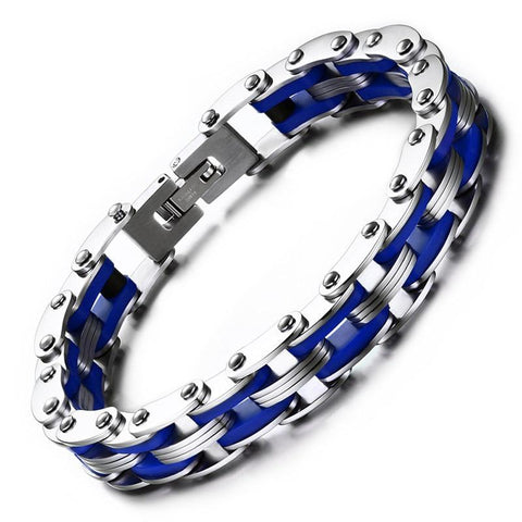 Silver & Blue Stainless Steel Motorcycle Chain Bracelet