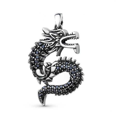 Sterling Silver Paved Black CZ Dragon Pendant Necklace