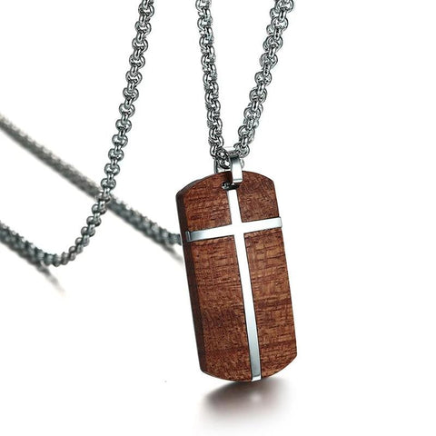 Organic Rosewood Totem Stainless Steel Cross Pendant Necklace