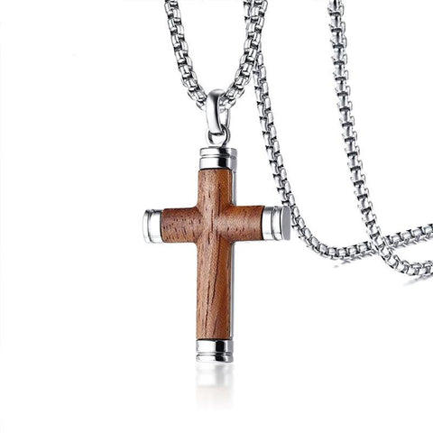 Organic Rosewood Stainless Steel Cross Pendant Necklace