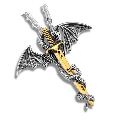 Silver & Gold Winged Dragon Pendant Necklace