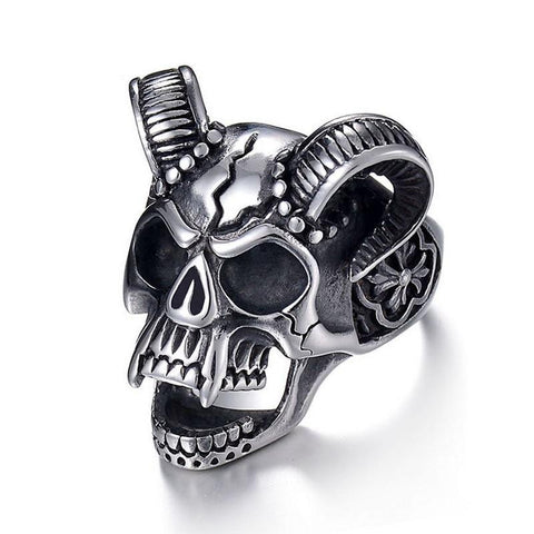 Biker Silver-Plated Horned Skull Ring