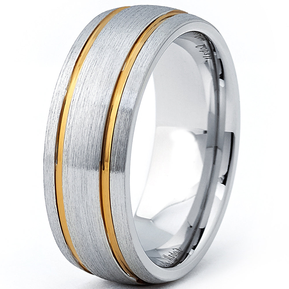 Two-Tone Ridged Edge 14K Gold Ion Plated Ring with Soft Brush Finish Stainless Steel Band. Couple Ring