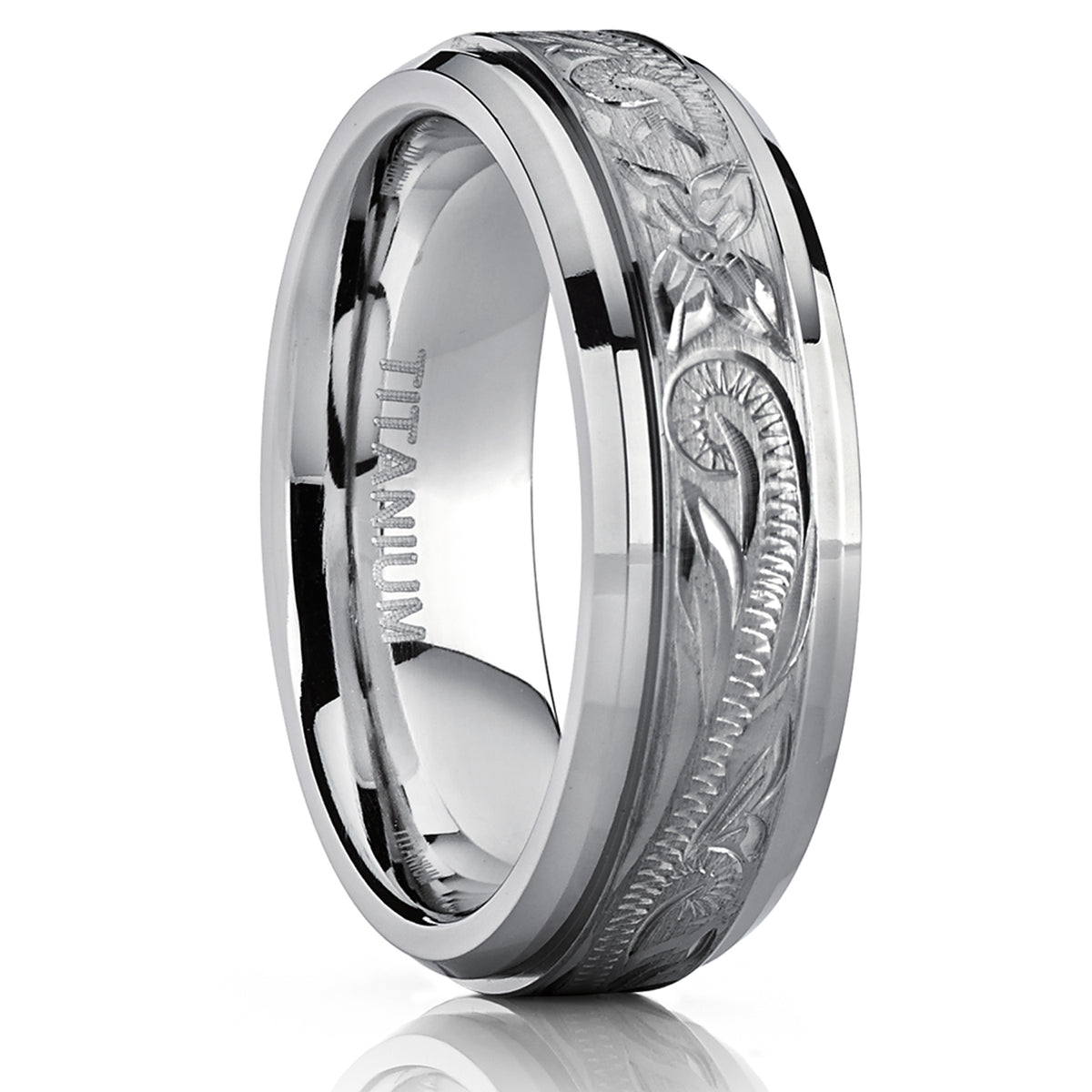 Men's Hand Engraved Titanium Wedding Ring Band, Comfort Fit 7mm Metal