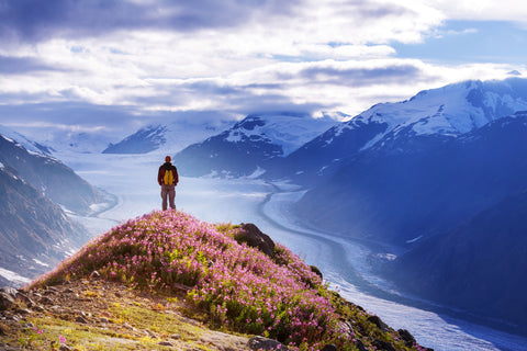 A hiker sits high above a gorge overlooking mountains in Alaska.