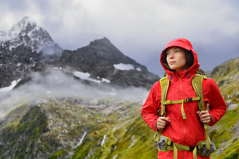 A hiker in rain gear stands among the Swiss alps.