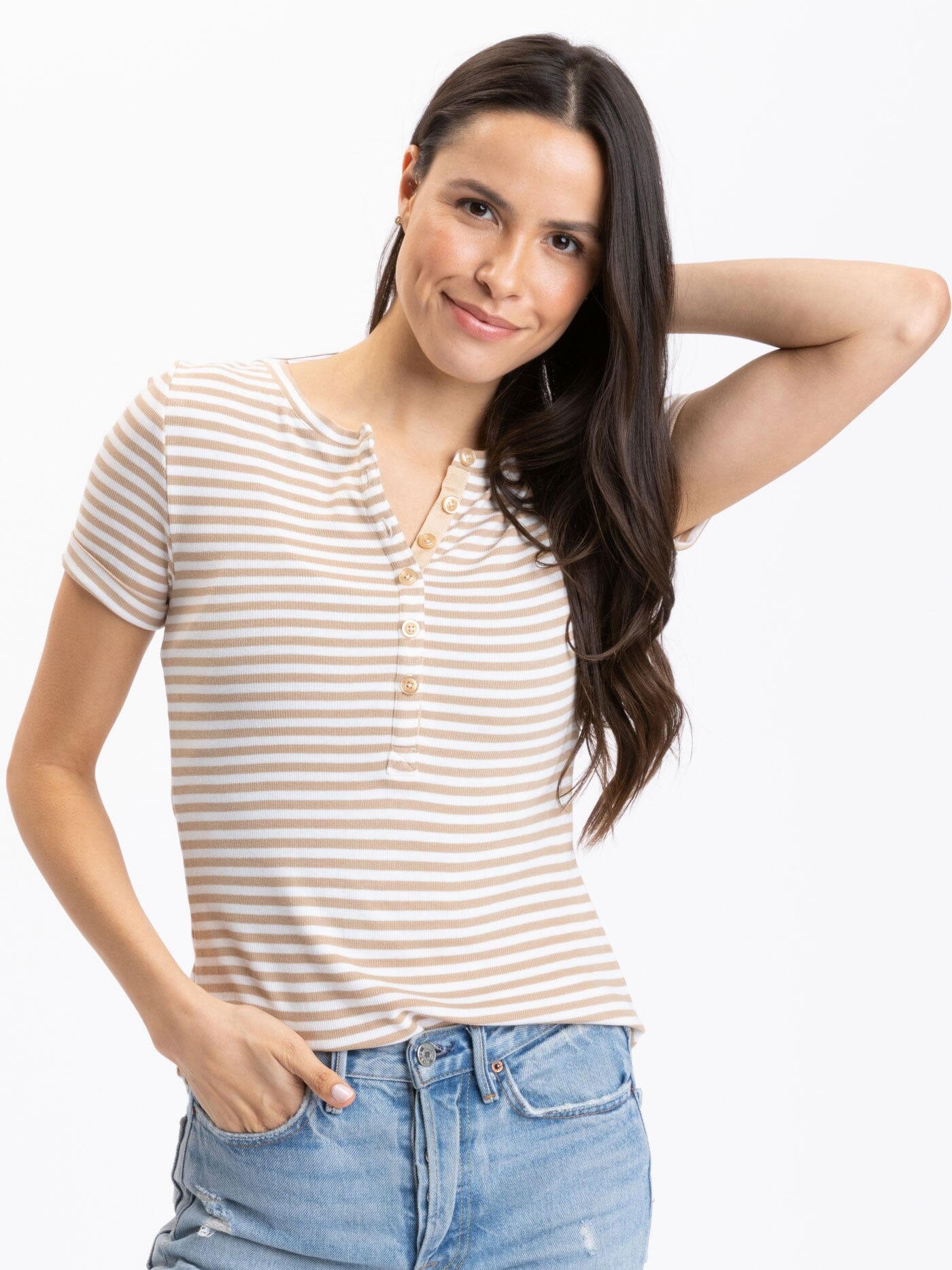 Akia Stripe Feather Rib Henley Tee Womens Tops Short Threads 4 Thought 