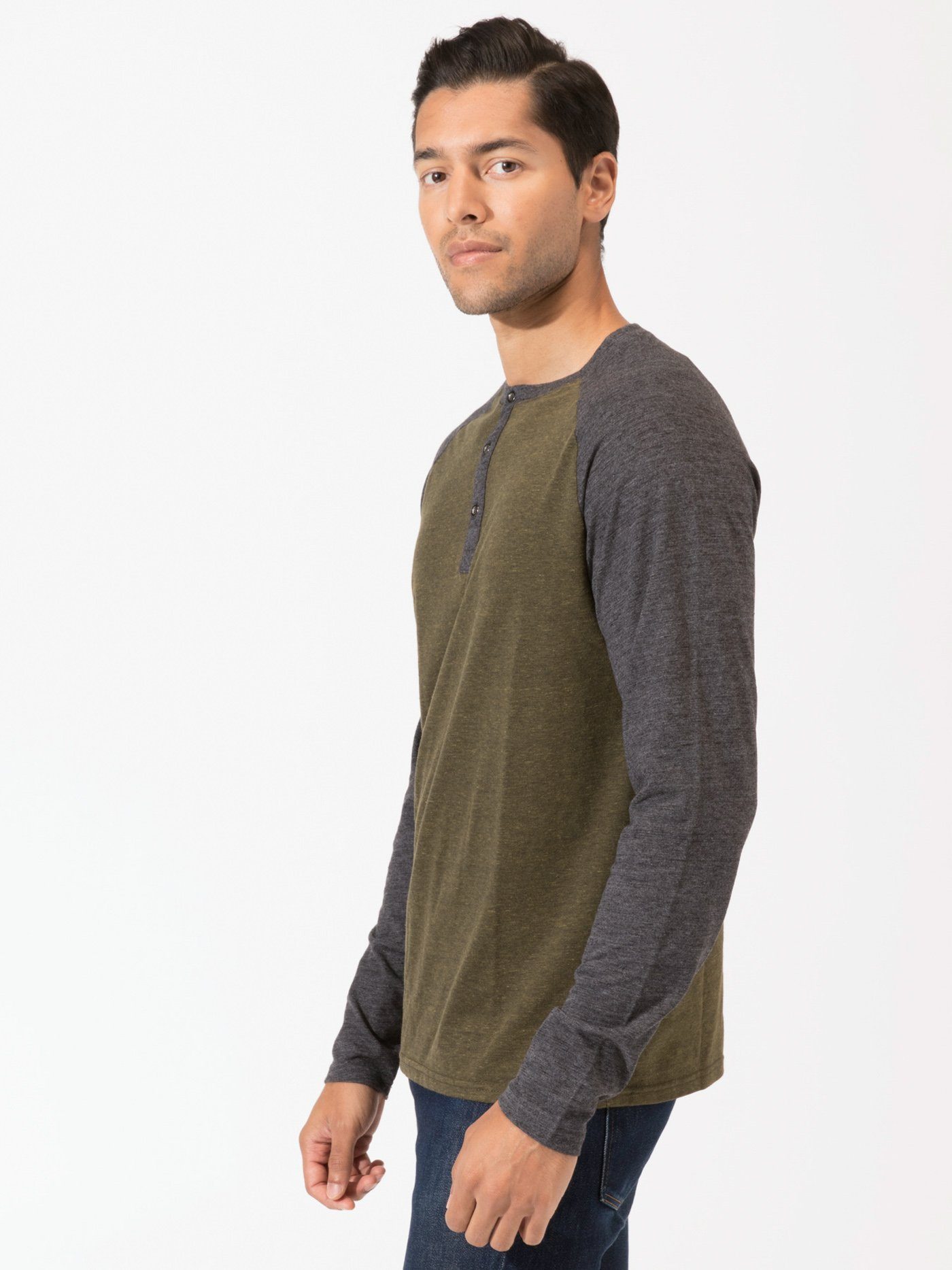 Long Sleeve Triblend Raglan Colorblock Henley Mens Tops Threads 4 Thought 