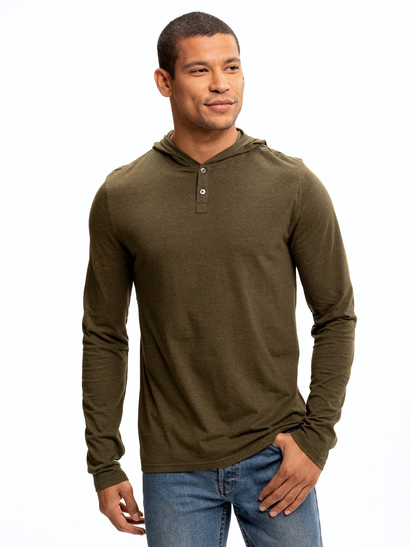 Long Sleeve Triblend 2-Button Henley Hoodie Mens Tops Tshirt Long Threads 4 Thought 