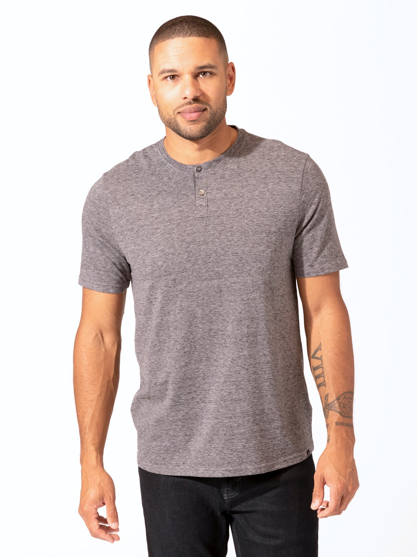 Black Fleck Triblend Henley Mens Tops Tshirt Short Threads 4 Thought 