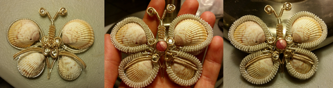 Cockle Shell Butterfly Pendant in Argentium Sterling Silver and 14kt Gold Fill with Rhodochrosite and Herkimer Diamonds
