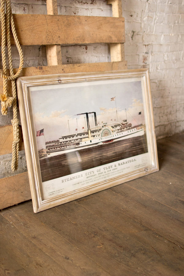 Large Framed Troy Saratoga Steamship New York Illustration Print Coa Woodwaves