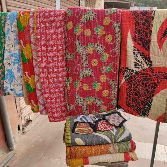 Vintage cotton sari fabric upcycled oversize throw blanket (Kantha)