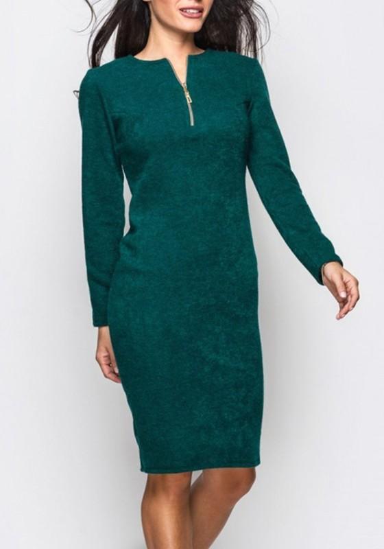 Green Zipper Round Neck Long Sleeve Fashion Midi Dress