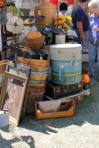 stack of vintage suitcases, bel monili, country living fair