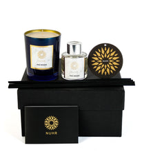 Blue Oud Woods Candle, Diffuser, Car Freshener and black gift box