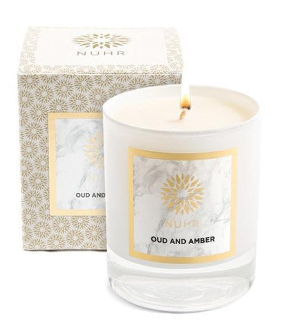 Oud and Amber white Classic Candle with branded box to back