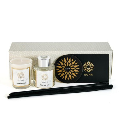 Rose & Oud home gift set with branded gift box at back 