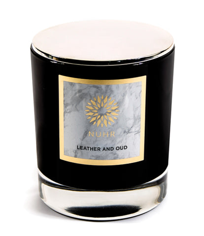 Leather and Oud Deluxe Candle (Black with silver lid)