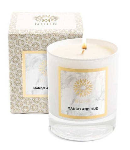 Mango and Oud Classic (white) candle with branded box at back 