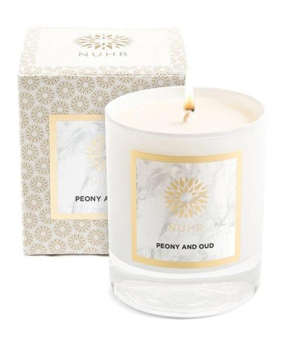Peony and Oud white Classic Candle with branded box to back 