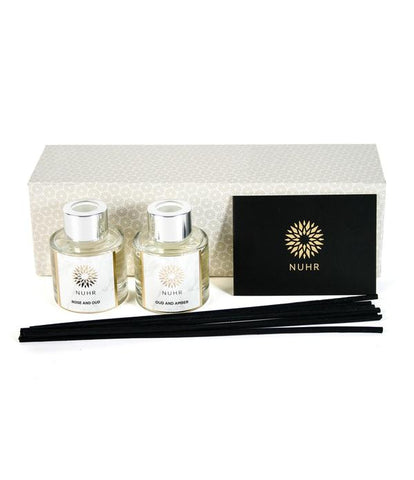 Double reed diffuser rose & oud gift set with branded gift box behind