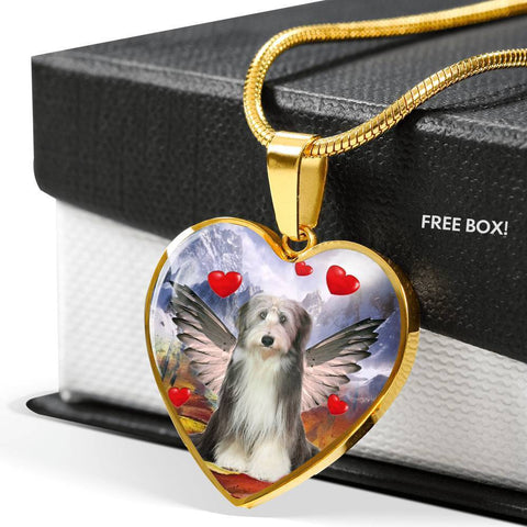 Bearded Collie With Wing Print Heart Pendant Luxury Necklace-Free Shipping