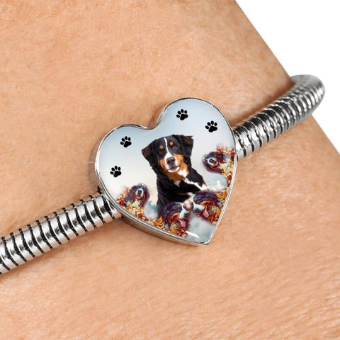 Bernese Mountain Dog Print Heart Charm Steel Bracelet-Free Shipping