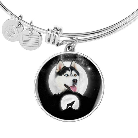 Siberian Husky Dog Print Circle Pendant Luxury Bangle-Free Shipping